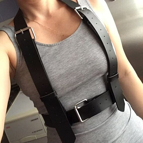 𝅺BLACK Leather Top Shoulder Waist Harness Belt BDSM Slave Fetish Bondage Gothic - Picture 1 of 7